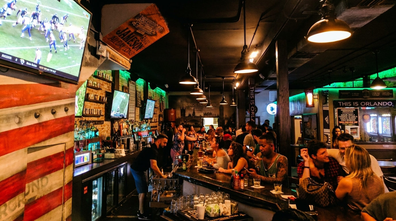 A lively bar scene with patrons seated at a long bar, a bartender, and multiple TVs showing sports.