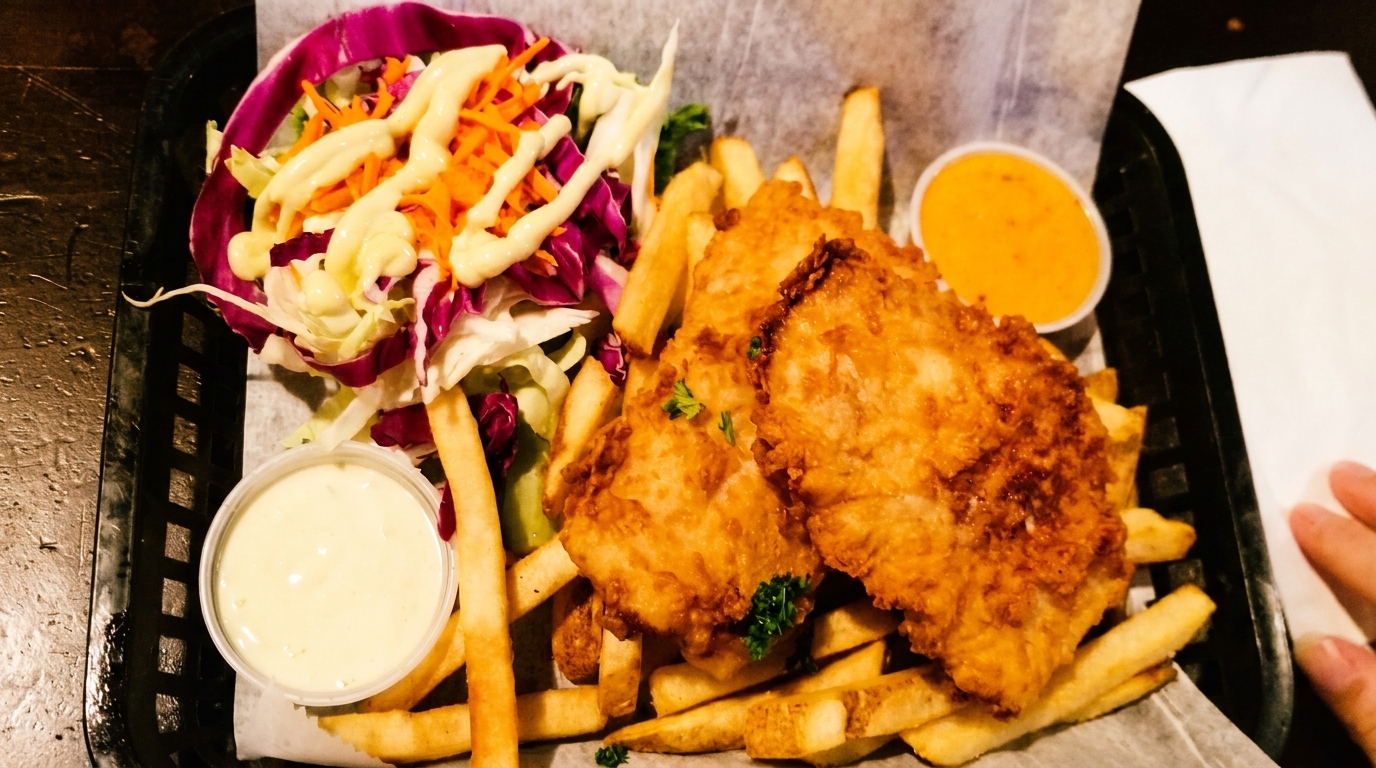Crispy fish and chips with coleslaw and two dipping sauces in a black basket.