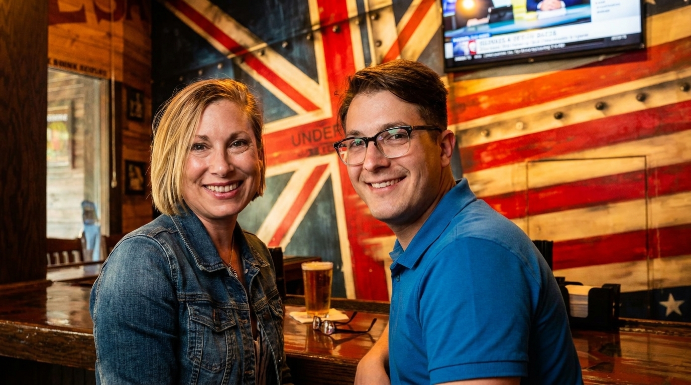 Smiling couple sitting at a bar with a Union Jack flag and TV in the background.