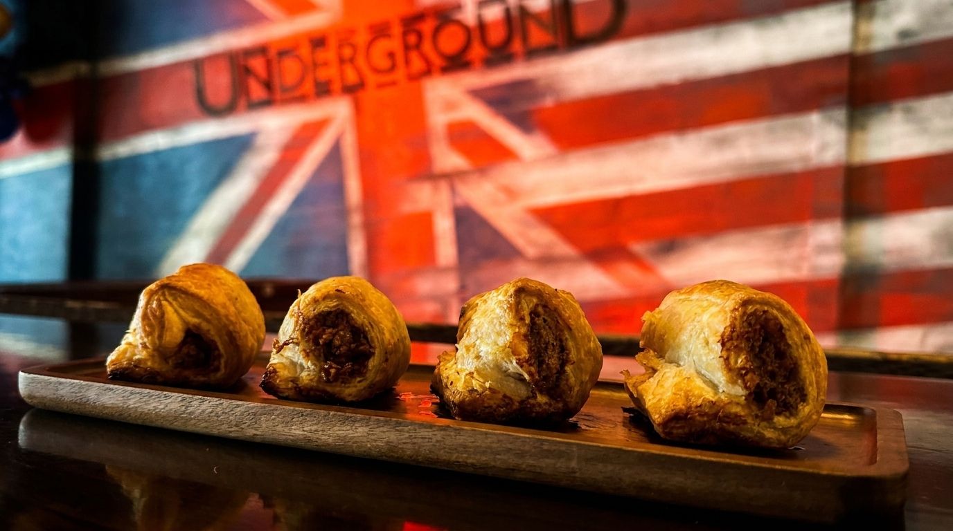 Four golden-brown sausage rolls on a wooden tray, with a Union Jack flag in the background.
