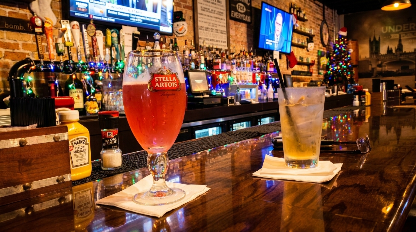 A Stella Artois beer and a cocktail sit on a glossy bar counter, with a festive bar in the background.