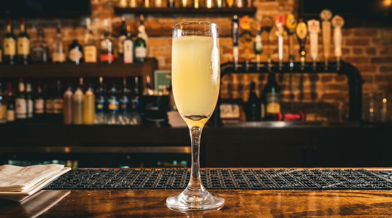 A champagne flute filled with a yellow, bubbly drink sits on a wooden bar top.