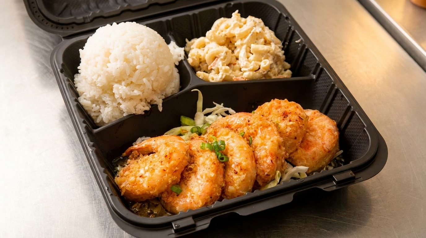 A takeout container with garlic shrimp, white rice, and macaroni salad on a metal surface.