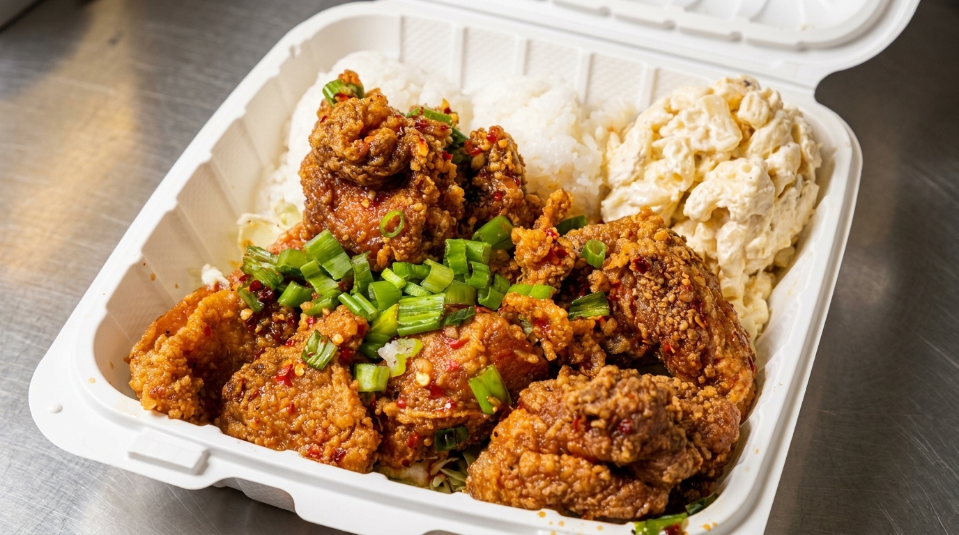 Crispy fried chicken topped with green onions, served with white rice and macaroni salad in a takeout container.