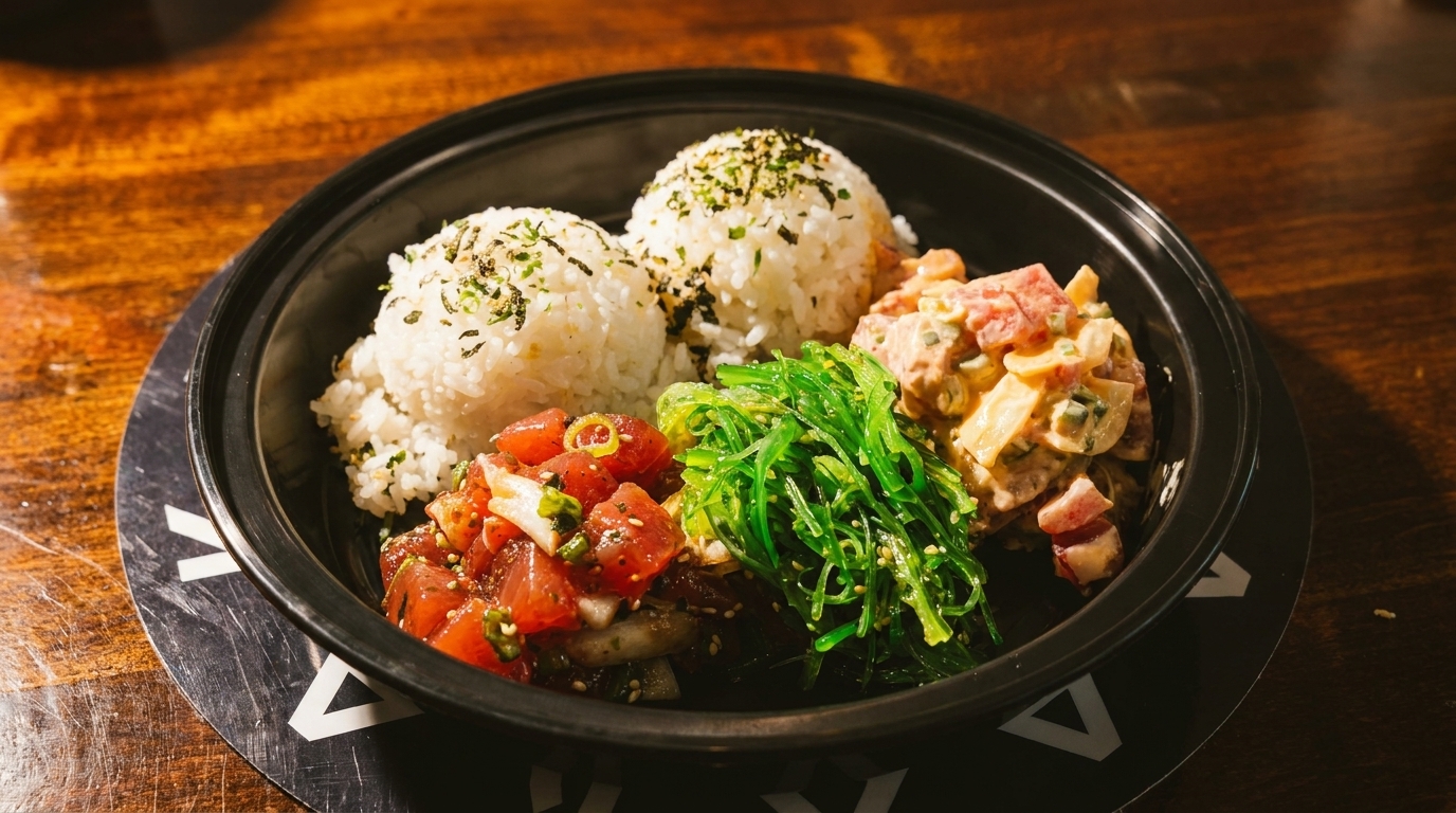 A poke bowl with two scoops of rice, two types of poke, and seaweed salad.