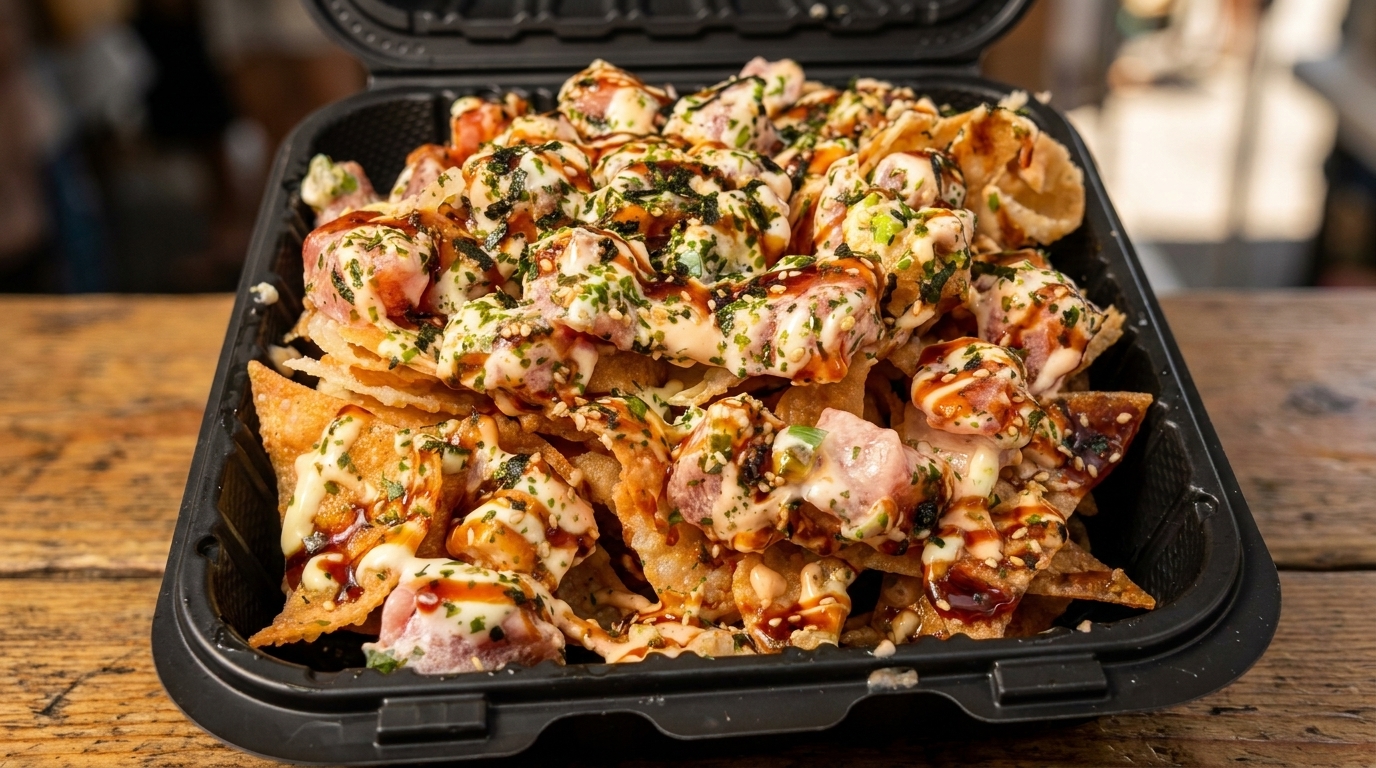 A black takeout container filled with crispy wonton chips topped with poke, sauces, and herbs.