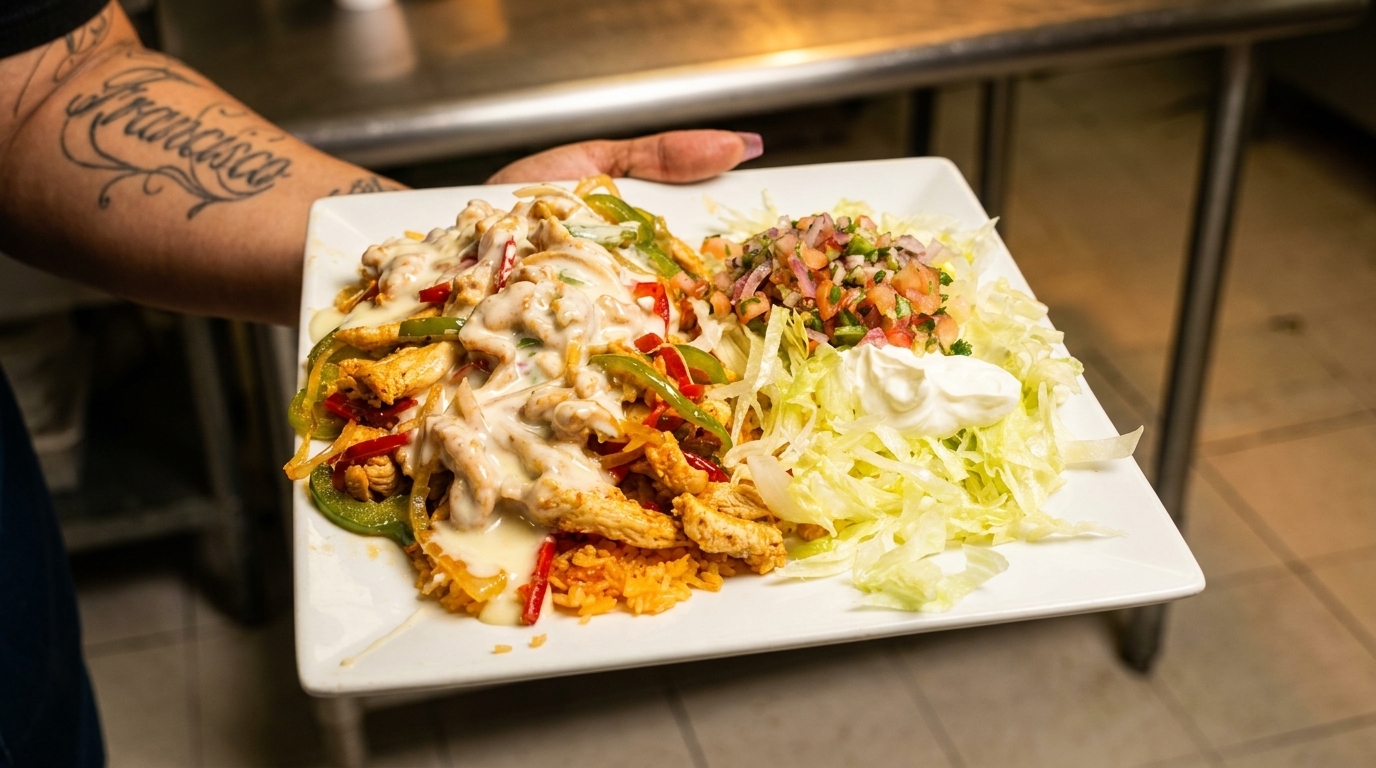 A server holds a plate of chicken fajitas with peppers, rice, lettuce, pico de gallo, and sour cream.