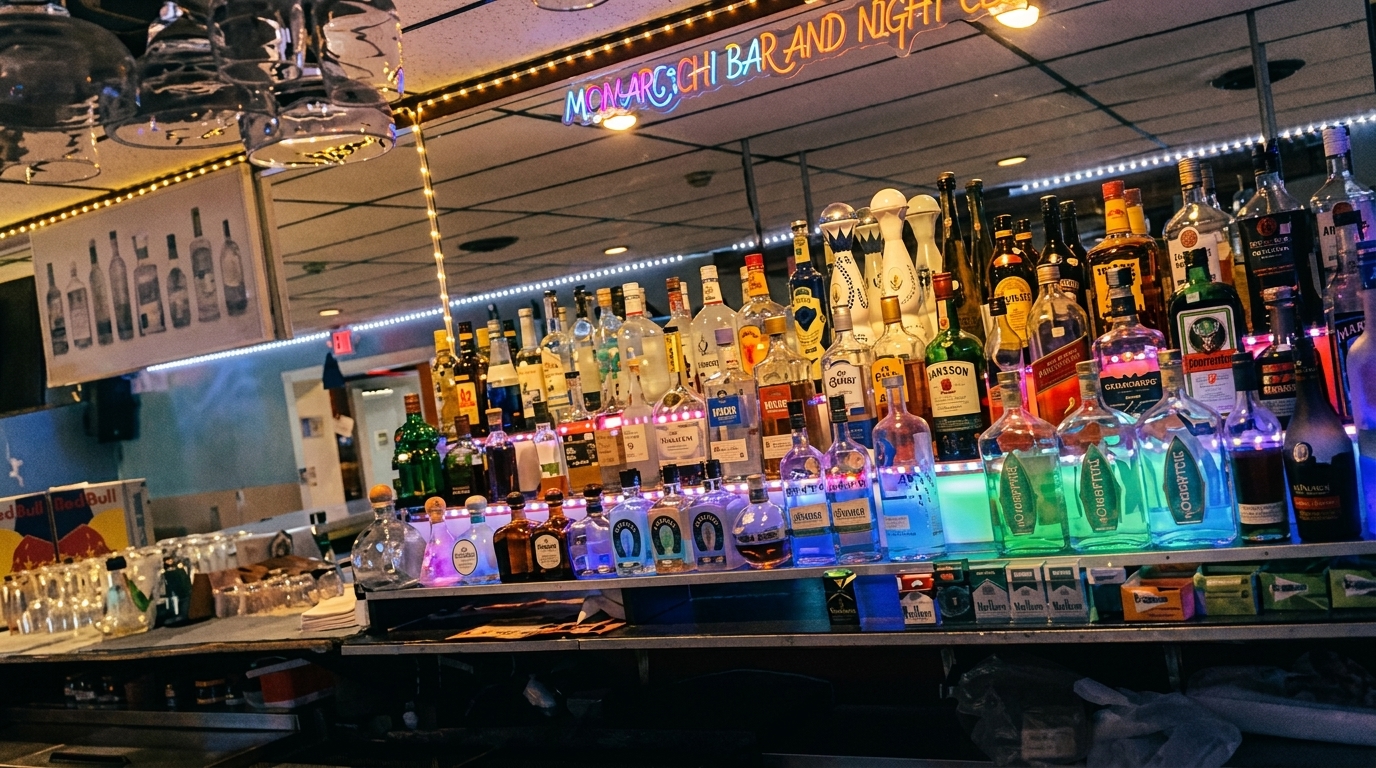 A vibrant bar counter with numerous liquor bottles, some illuminated, under a neon "MONARCH BAR AND NIGHT" sign.