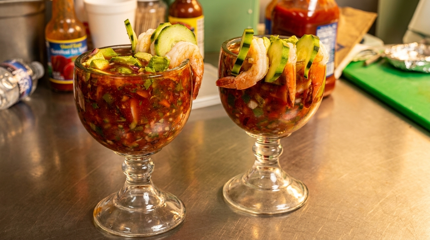 Two shrimp cocktails with avocado and cucumber in stemmed glasses on a metal counter.