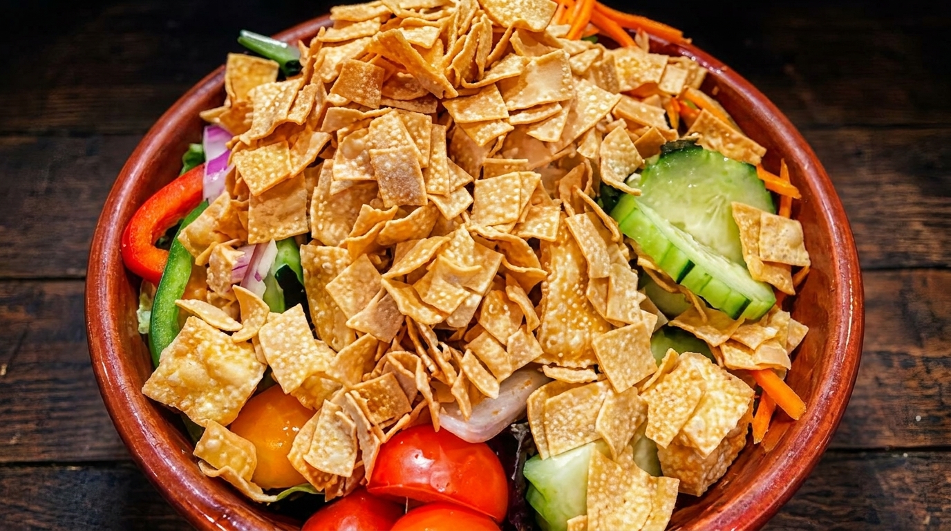 Colorful salad with red bell peppers, cucumbers, tomatoes, and crispy wonton strips in a wooden bowl.