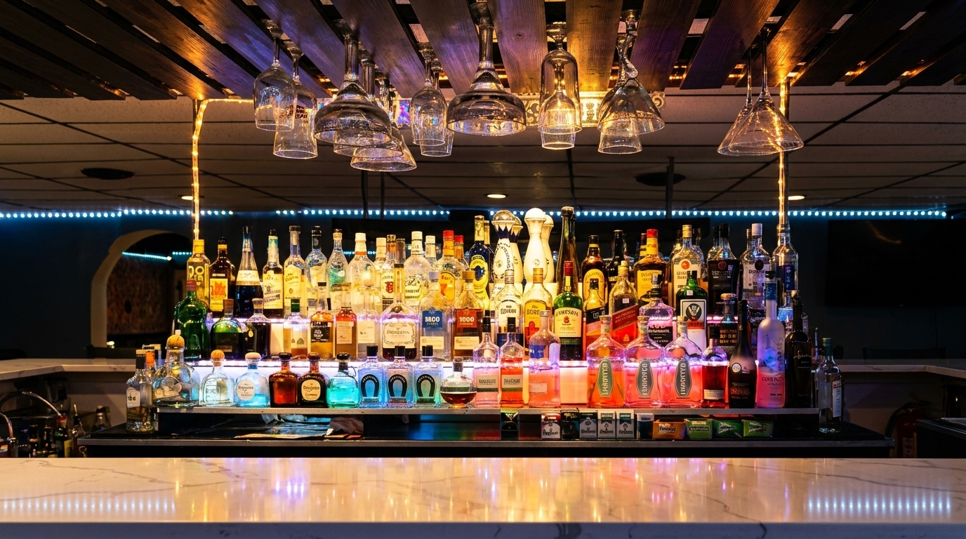 A well-stocked bar with various liquor bottles, illuminated by colorful lights and hanging glassware.