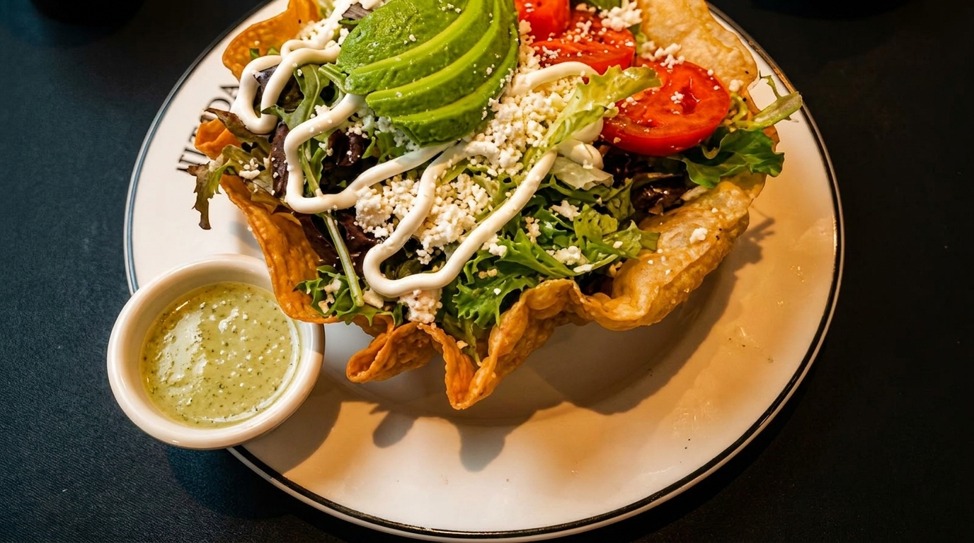 Taco salad in a crispy tortilla bowl, topped with avocado, tomatoes, cheese, and dressing.