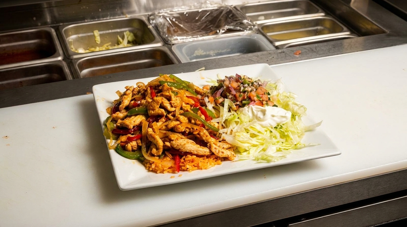Chicken fajitas with rice, shredded lettuce, pico de gallo, and sour cream on a white plate.