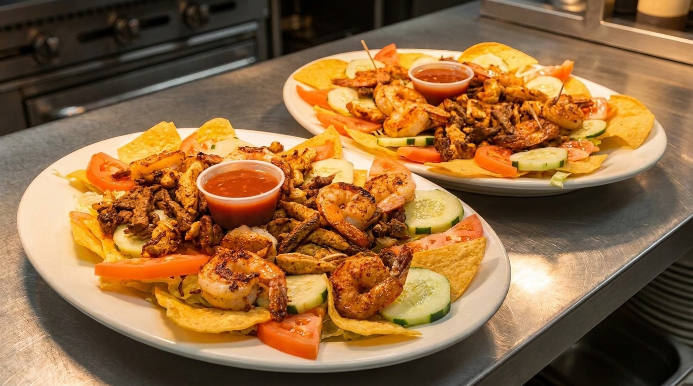Two plates of nachos with shrimp, chicken, salsa, tomatoes, and cucumbers on a metal counter.