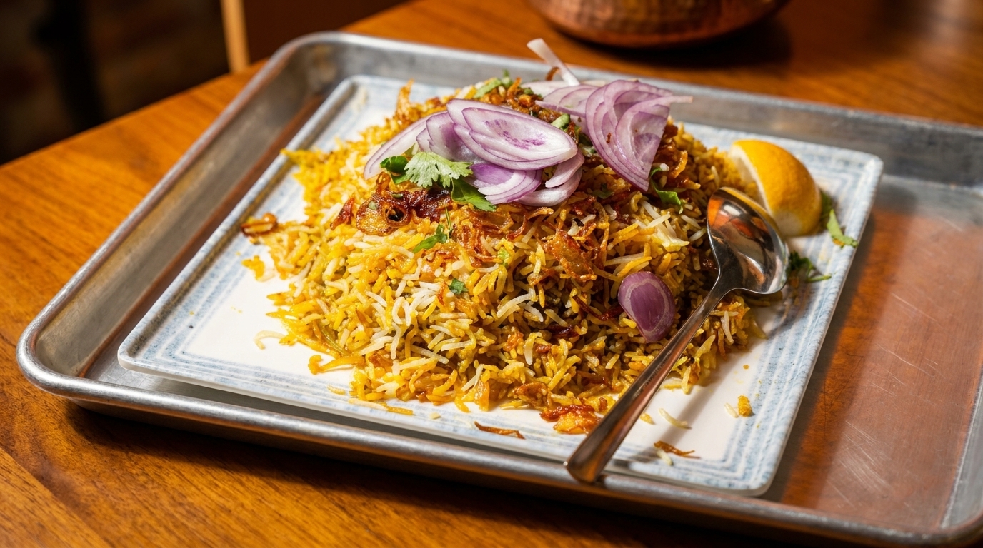 A large serving of biryani rice with red onions, cilantro, and a lemon wedge on a white plate.