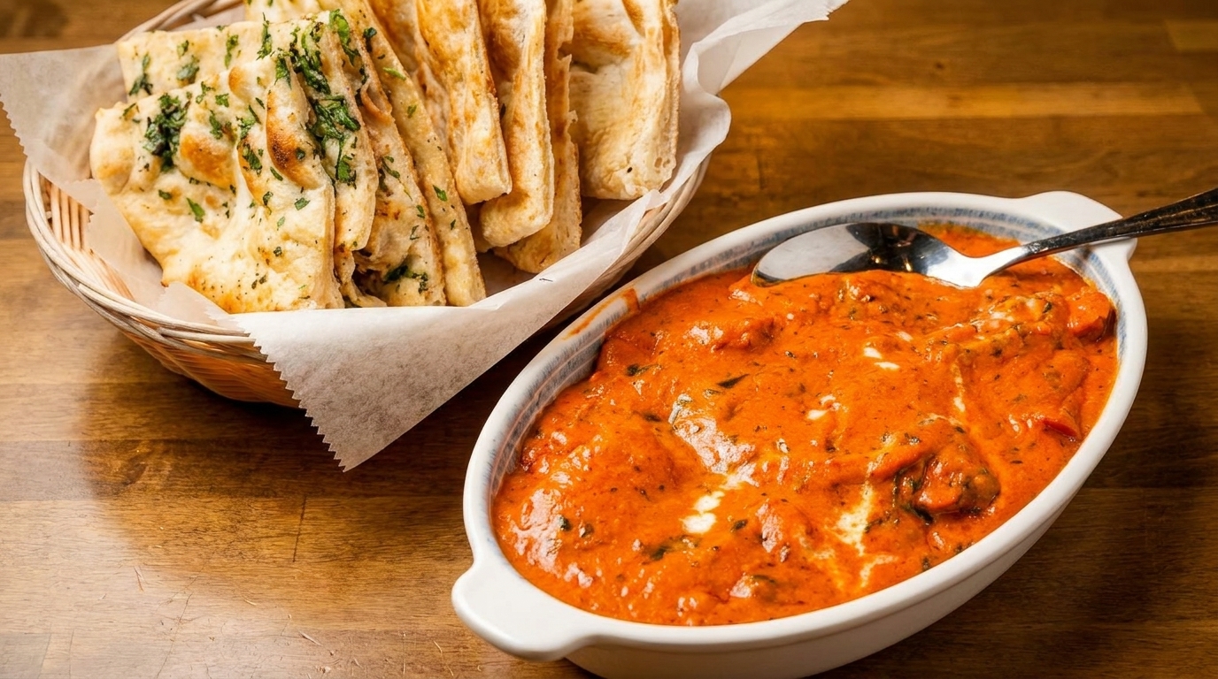 A basket of naan bread and a white dish of butter chicken on a wooden table.