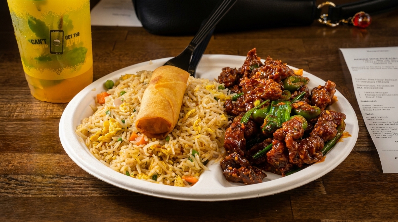 A plate of fried rice with an egg roll, chili chicken, and a drink on a wooden table.