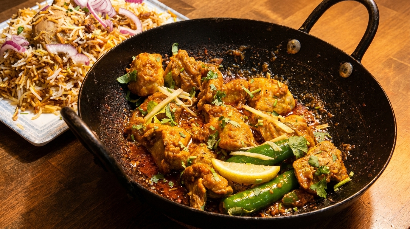 Chicken karahi with green chilies and lemon, served with biryani rice and red onions.