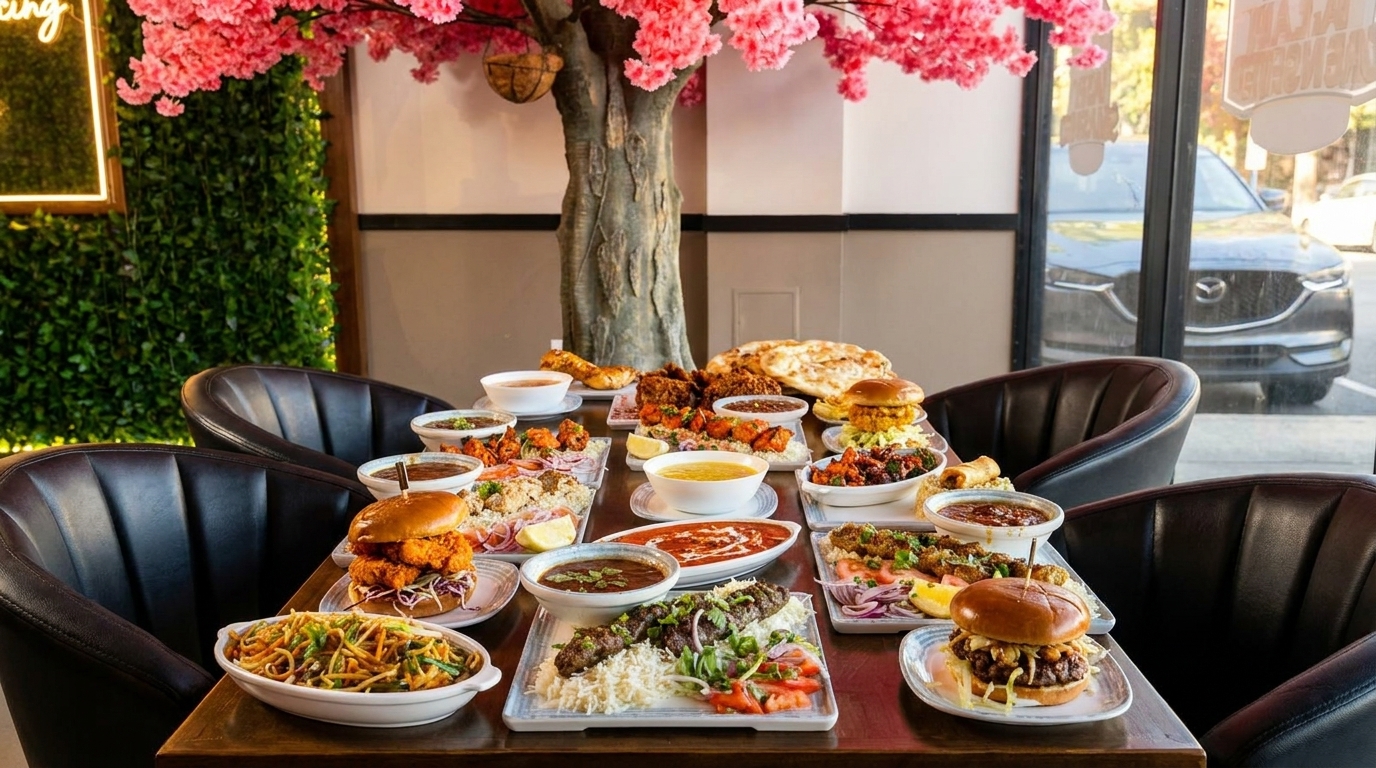 A table laden with various dishes, including burgers, noodles, rice, and curries, under a pink floral tree.