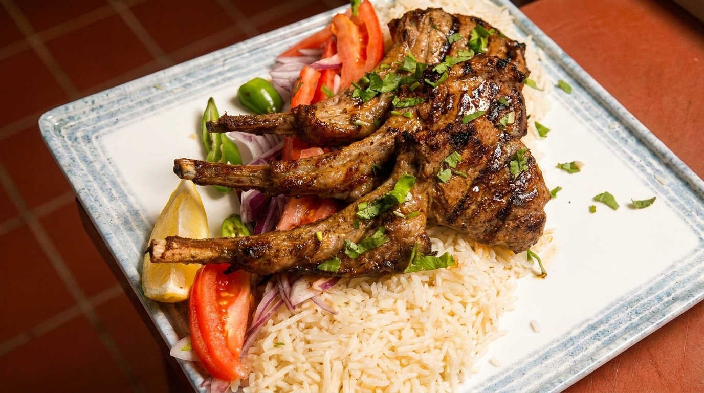 Grilled lamb chops with rice, sliced tomatoes, red onions, green peppers, and a lemon wedge.