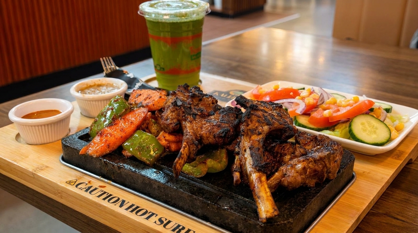 Grilled lamb chops with vegetables, two dipping sauces, a side salad, and a green drink.