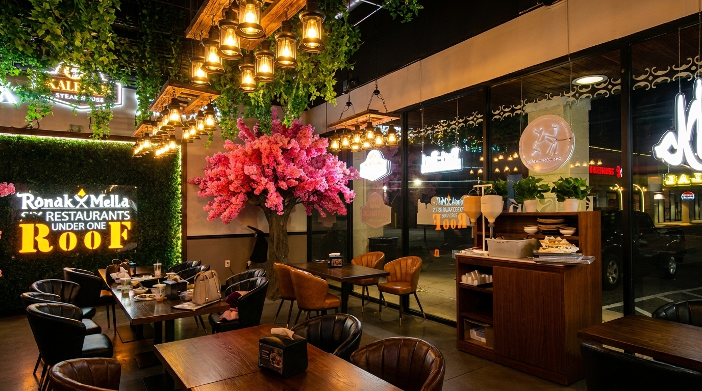 A restaurant interior with a green wall, neon signs, a pink cherry blossom tree, and warm lighting.