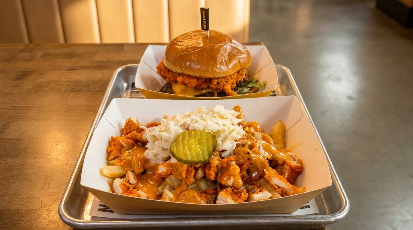 A Nashville Hot Chicken burger and loaded fries with coleslaw and a pickle on a metal tray.