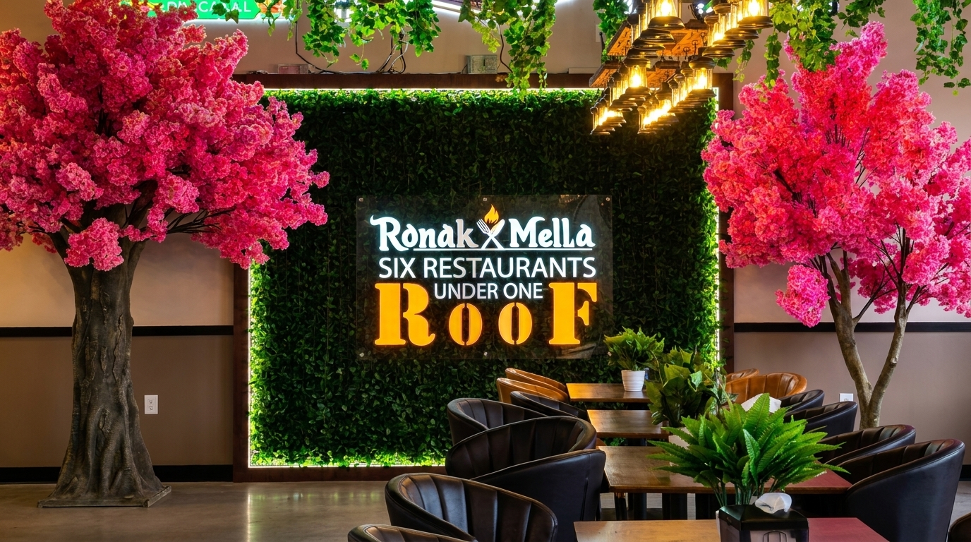 Ronak Mella restaurant interior with a glowing sign, two pink artificial trees, and dark chairs.