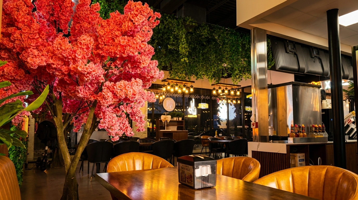 Restaurant interior with vibrant pink artificial trees, green foliage on the ceiling, and warm-toned seating.