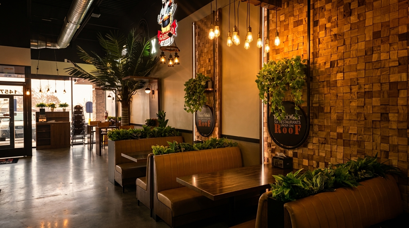 Restaurant interior with brown booths, wooden tables, hanging plants, and a textured wood wall.