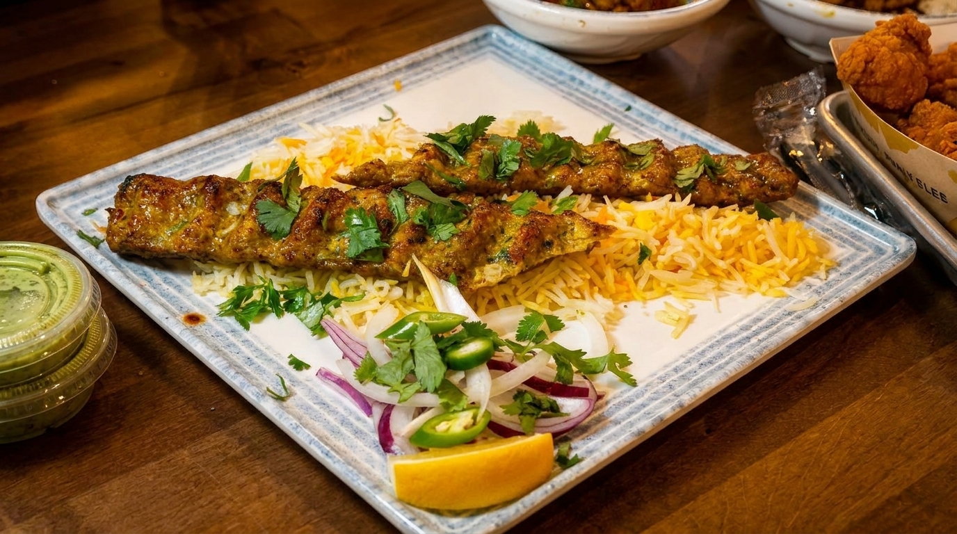Two chicken seekh kebabs on a bed of rice, garnished with cilantro, onions, and jalapeños.