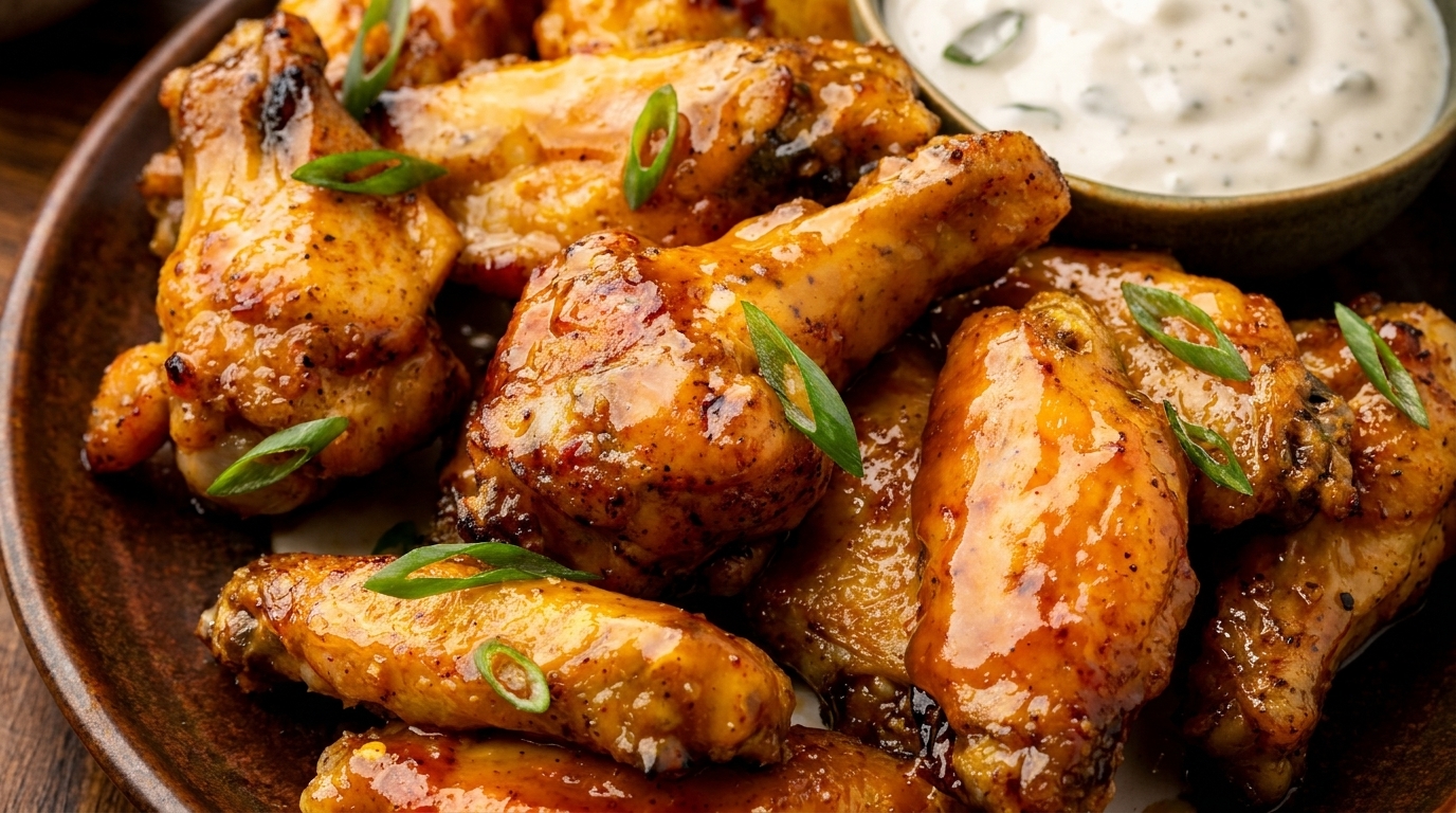 Close-up of glazed chicken wings garnished with green onions, served with a side of ranch.