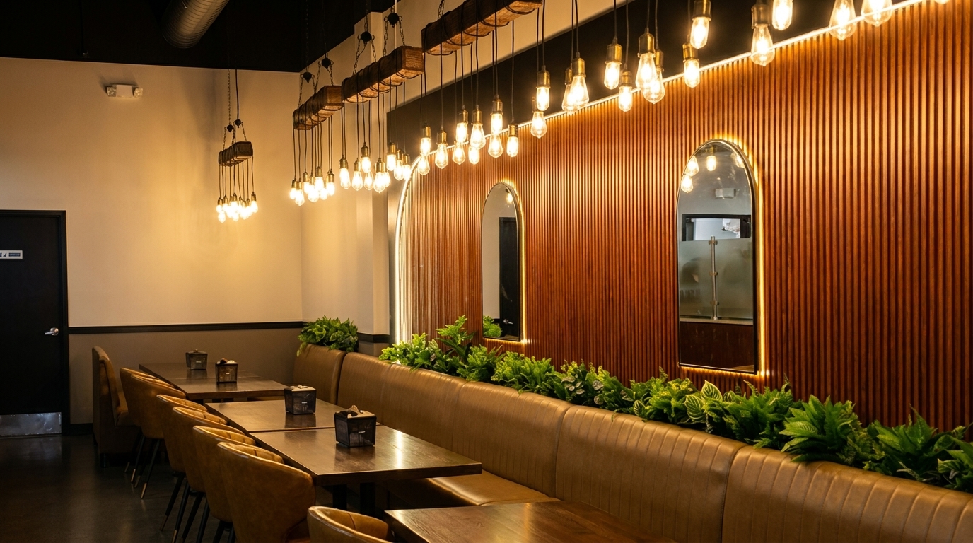 Restaurant interior with warm lighting, wooden slat walls, mirrors, and booth seating with plants.