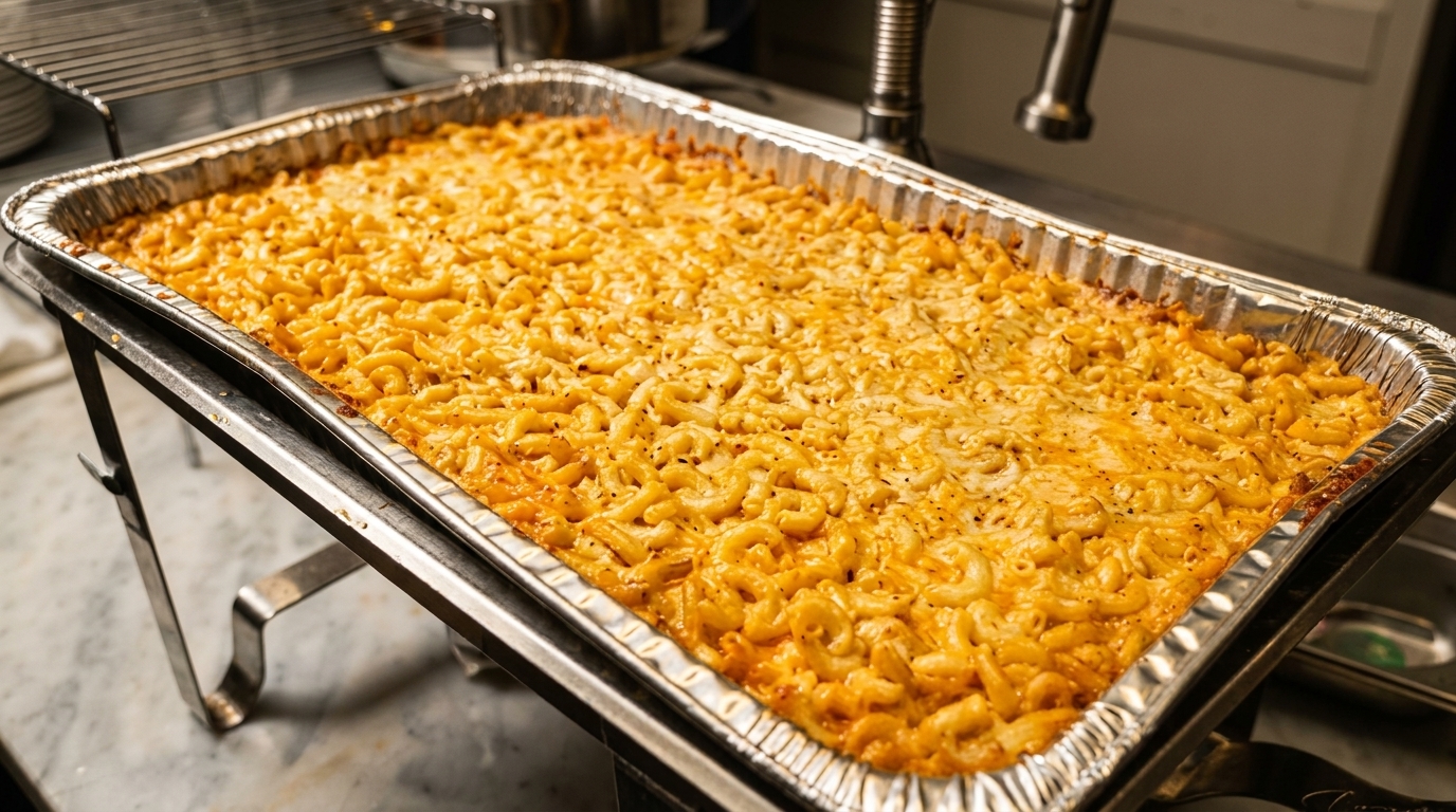 Large pan of baked macaroni and cheese with a golden-brown crust, on a metal stand.