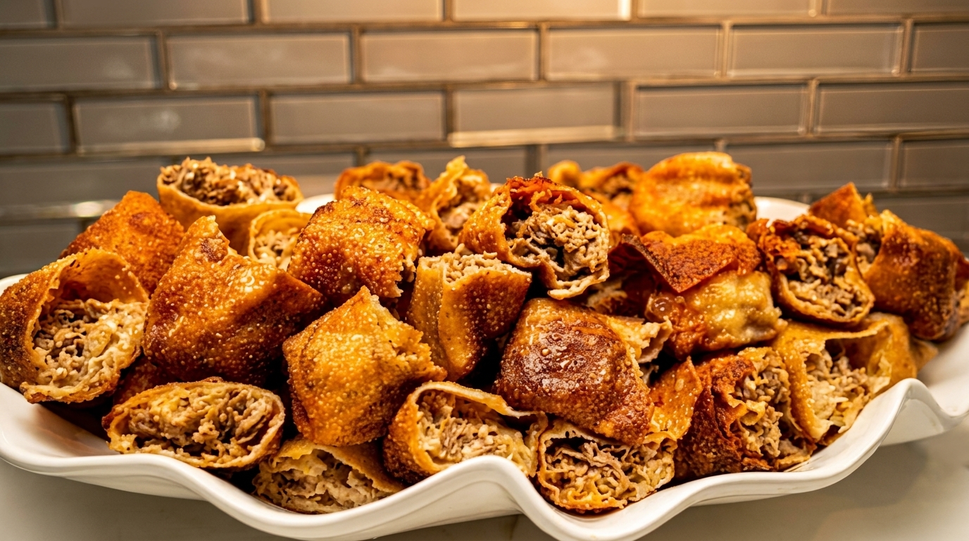 A white platter overflowing with golden-brown, crispy egg rolls, some cut open to show the savory filling.