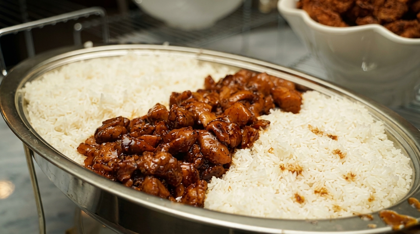 A large silver chafing dish filled with white rice and glazed brown chicken pieces.