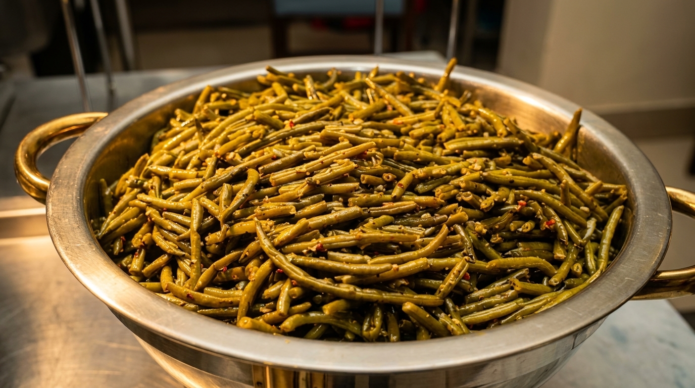 Large metal bowl filled with cooked green beans, seasoned with spices and garlic.
