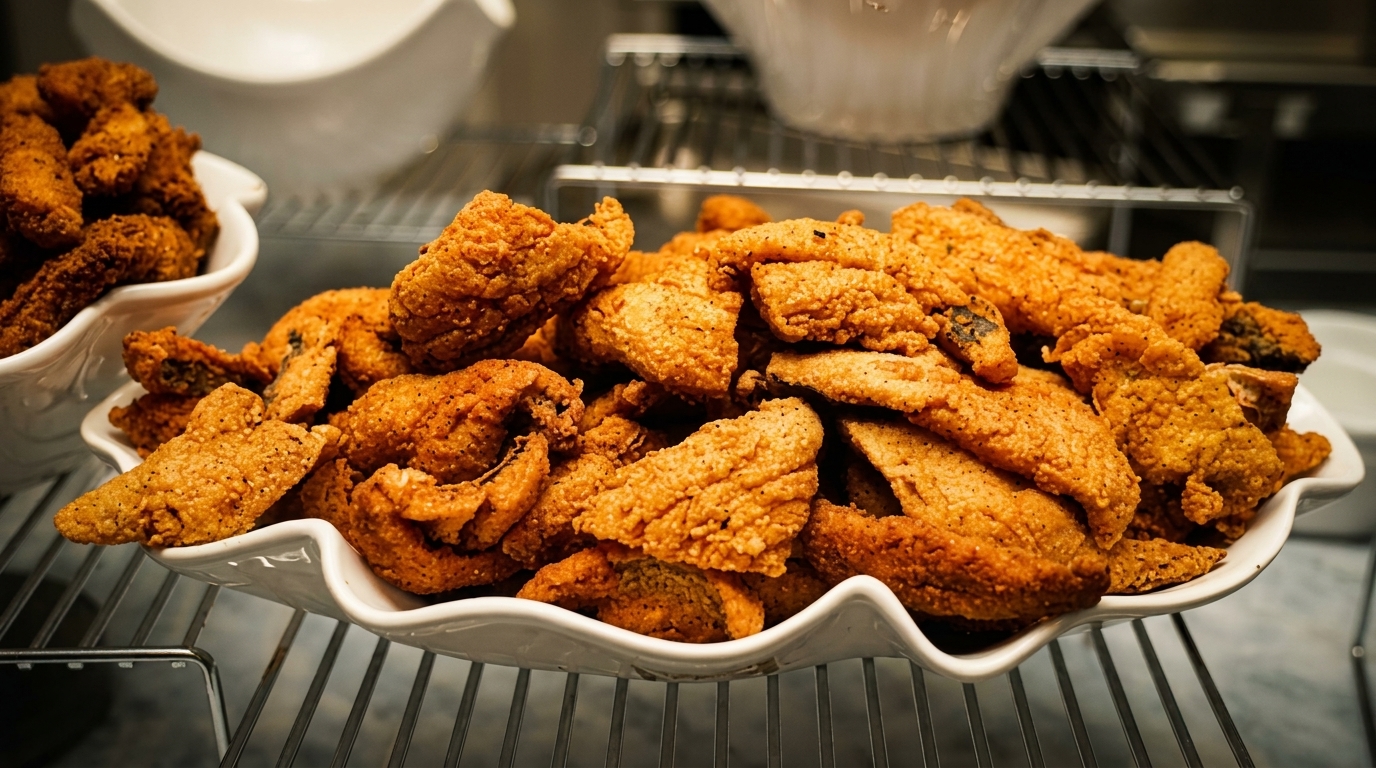 Close-up of a white serving dish overflowing with golden-brown fried catfish fillets.