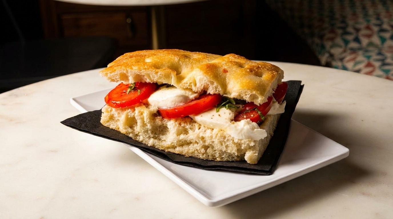 Focaccia sandwich with fresh mozzarella, sliced tomatoes, and basil on a white plate.
