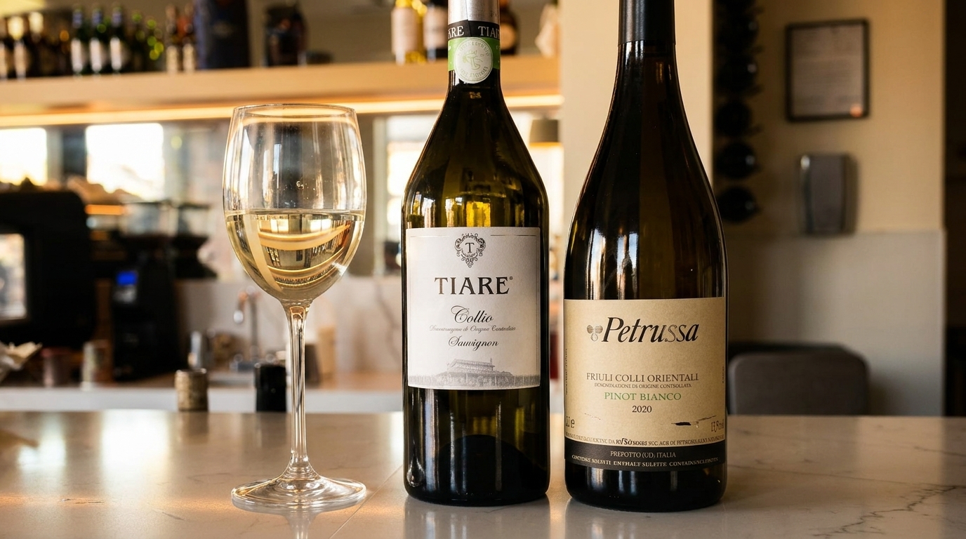 A glass of white wine sits next to two bottles of Tiare Collio Sauvignon and Petrussa Pinot Bianco.