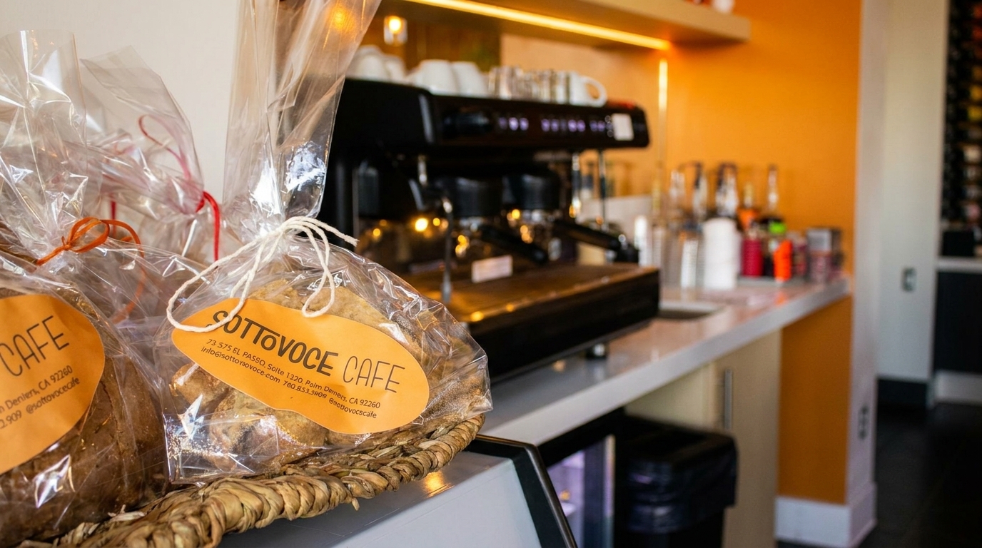 Packaged Sottovoce Cafe baked goods in a basket with an espresso machine in the background.