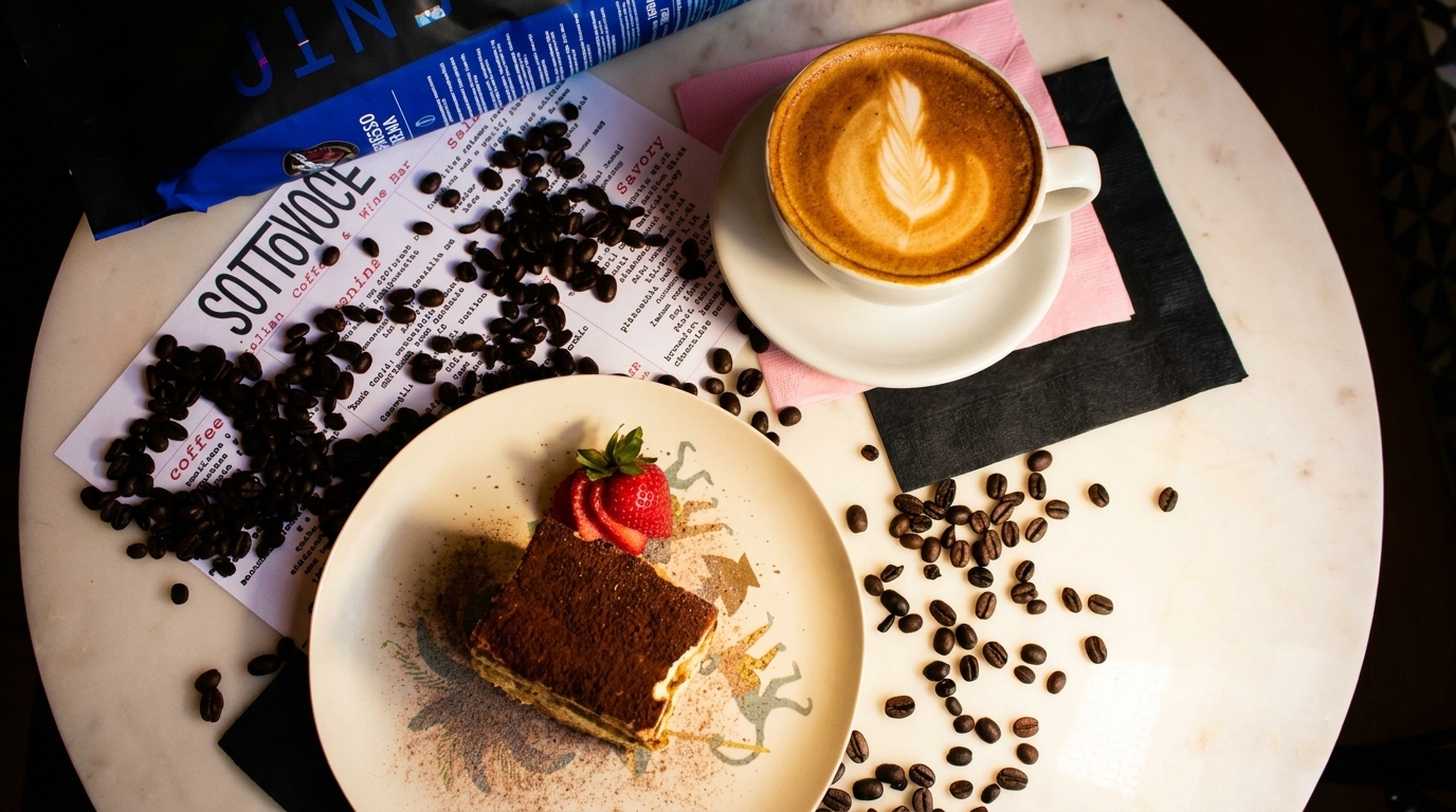 Tiramisu with strawberries, a latte, coffee beans, and a Sottovoce menu on a marble table.