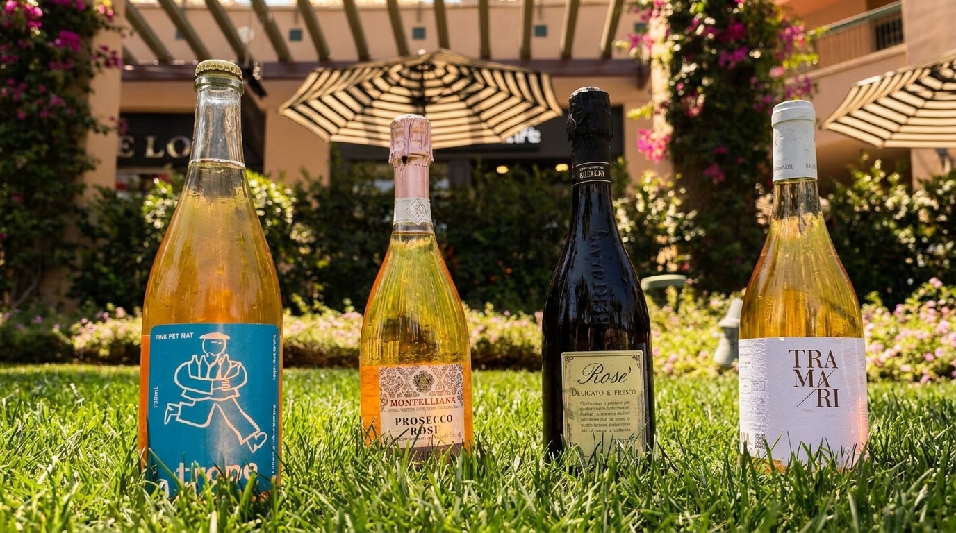 Four bottles of wine, including rosé and prosecco, stand in green grass under a sunny sky.