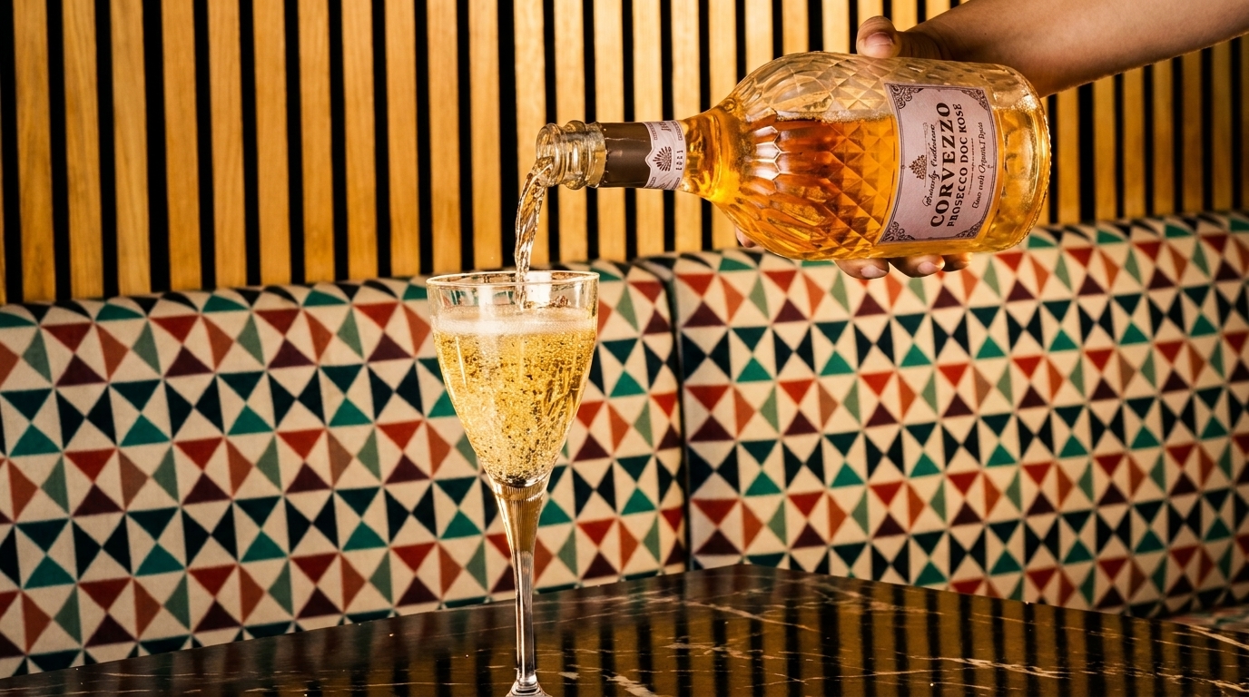Hand pouring Corvezzo Prosecco DOC Rosé into a champagne flute on a patterned booth.