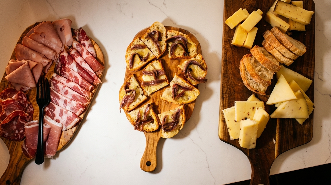 Three wooden boards with charcuterie, anchovy bruschetta, and various cheeses with bread slices.