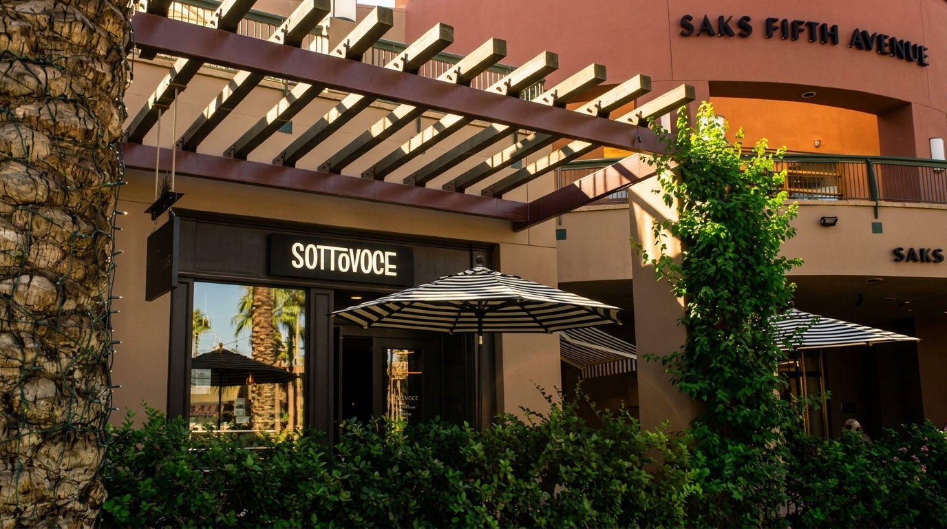 Sottovoce restaurant exterior with a striped umbrella, lush greenery, and a Saks Fifth Avenue sign above.