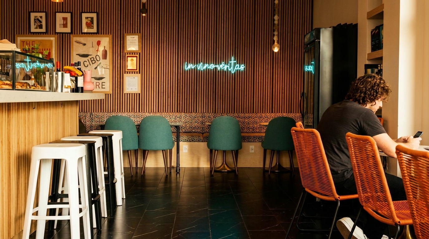 A man sits at a table in a modern cafe with a bar, teal chairs, and a neon sign.