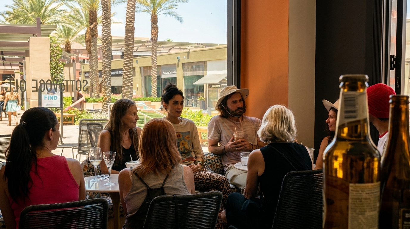 Group of people enjoying drinks and conversation at an outdoor cafe with palm trees.