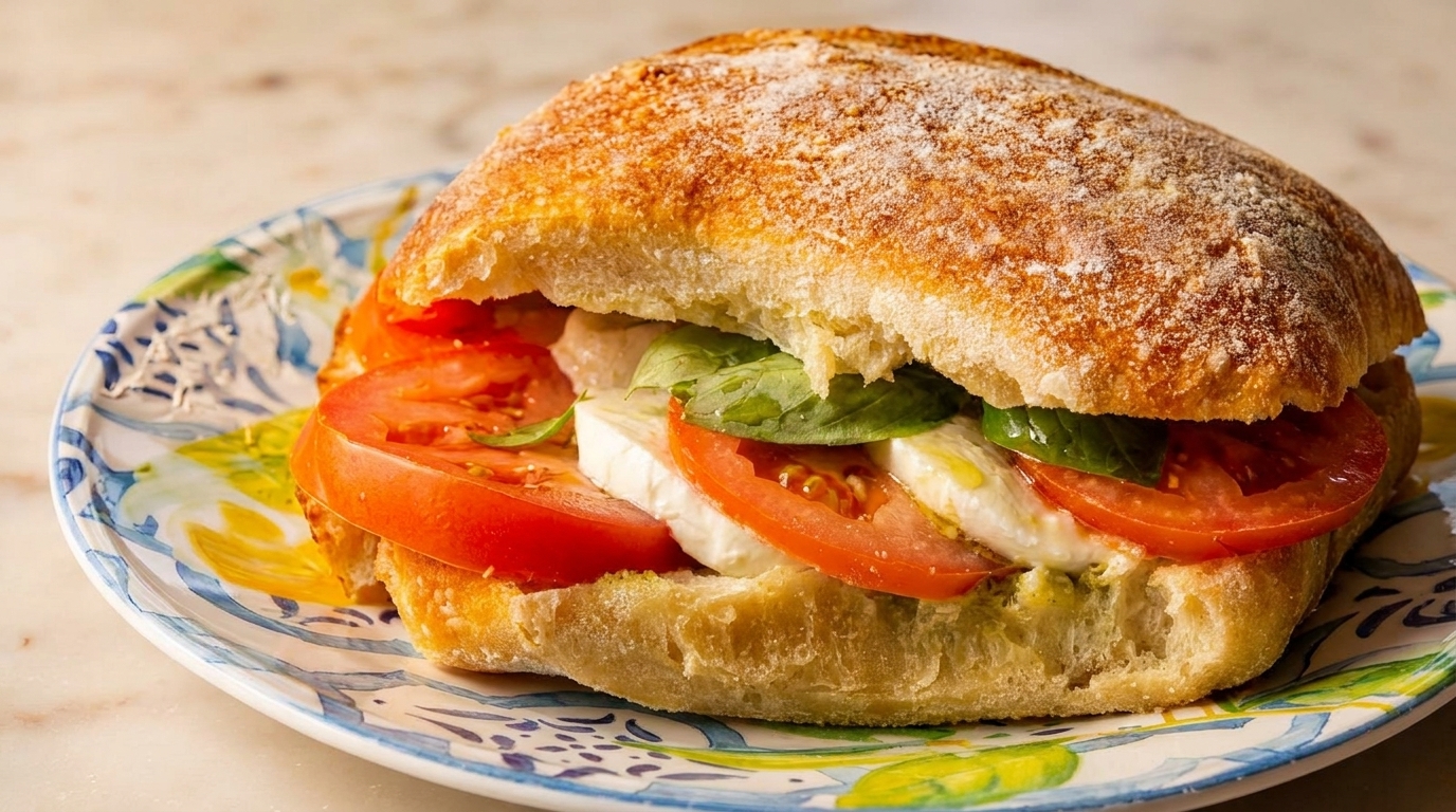 Caprese sandwich on ciabatta bread with fresh mozzarella, tomatoes, basil, and pesto on a decorative plate.