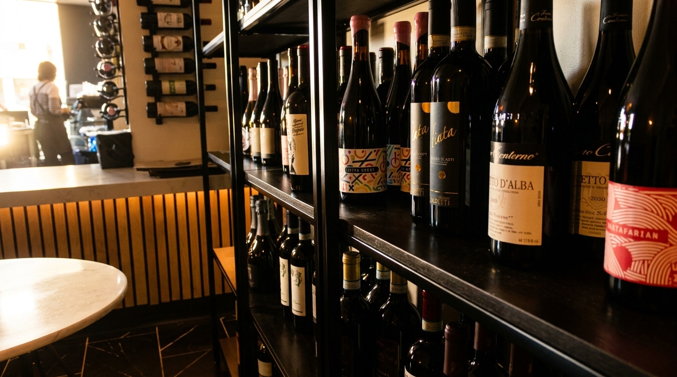 Wine bottles on shelves in a restaurant, with a blurred person and bar in the background.